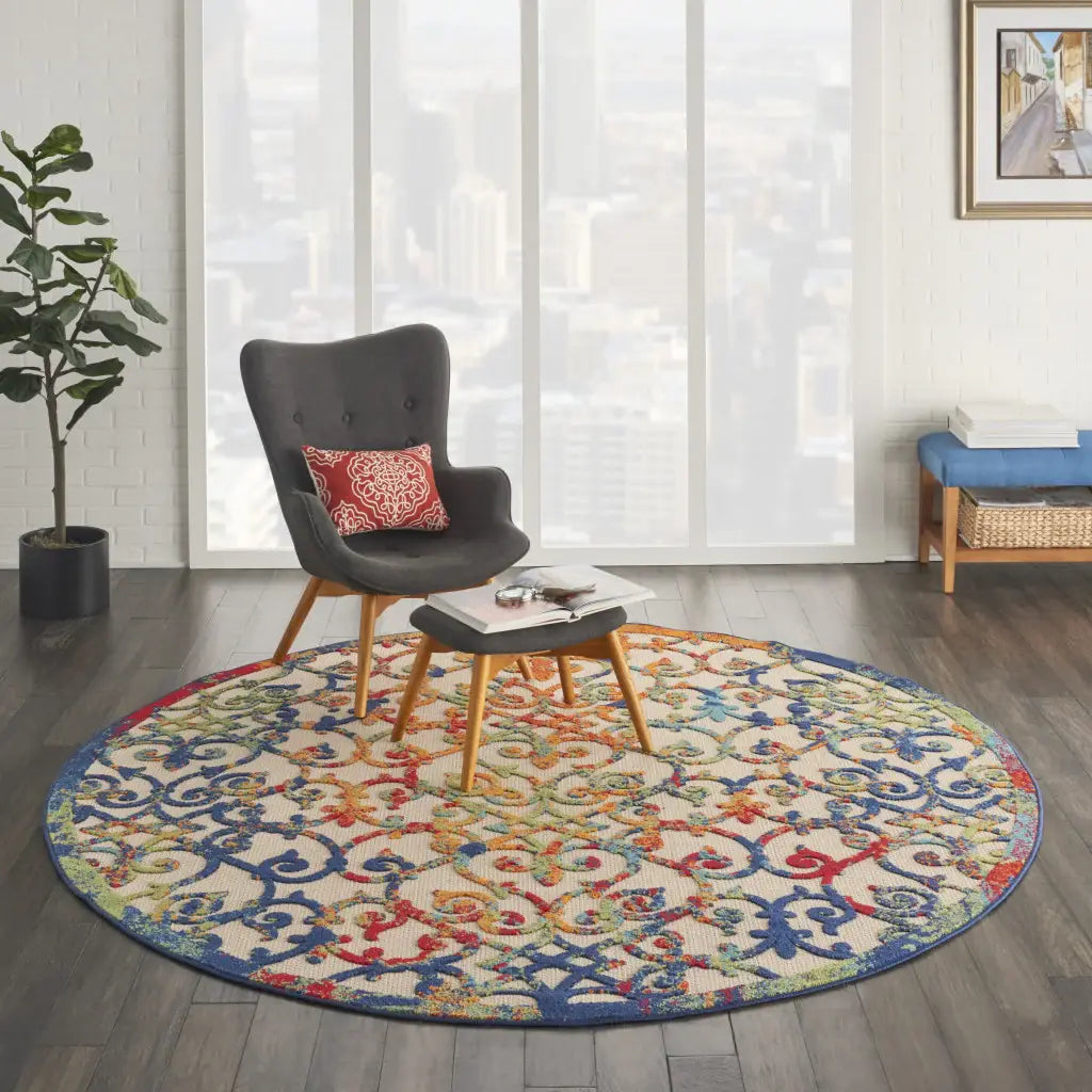 8' Round Ivory And Blue Round Floral Indoor Outdoor Area Rug - Homeroots - Flyclothing LLC