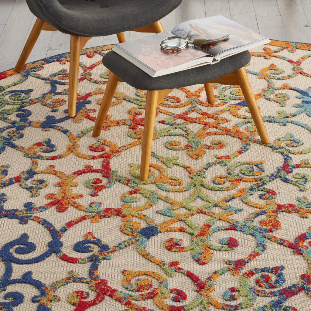 8' Round Ivory And Blue Round Floral Indoor Outdoor Area Rug - Homeroots - Flyclothing LLC