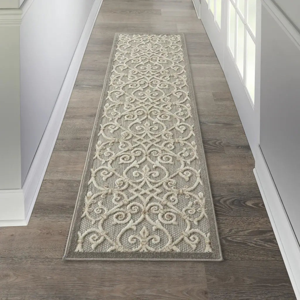 2' X 10' Gray And Ivory Floral Indoor Outdoor Area Rug - Homeroots - Flyclothing LLC