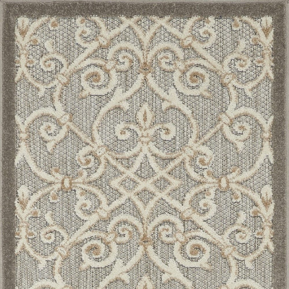 2' X 10' Gray And Ivory Floral Indoor Outdoor Area Rug - Homeroots