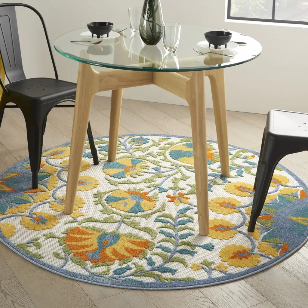 4' Round Ivory And Blue Round Floral Indoor Outdoor Area Rug - Homeroots - Flyclothing LLC