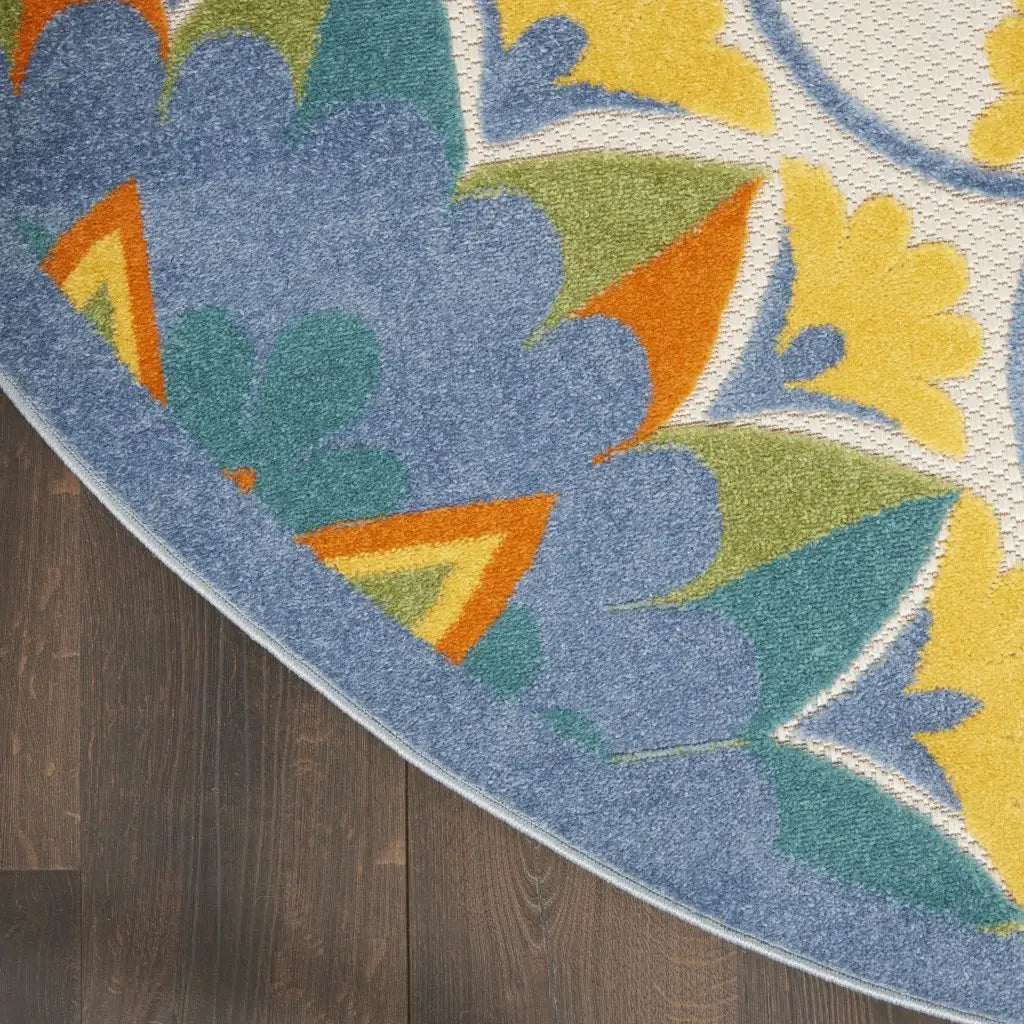 4' Round Ivory And Blue Round Floral Indoor Outdoor Area Rug - Homeroots - Flyclothing LLC
