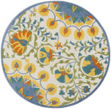 4' Round Ivory And Blue Round Floral Indoor Outdoor Area Rug - Homeroots