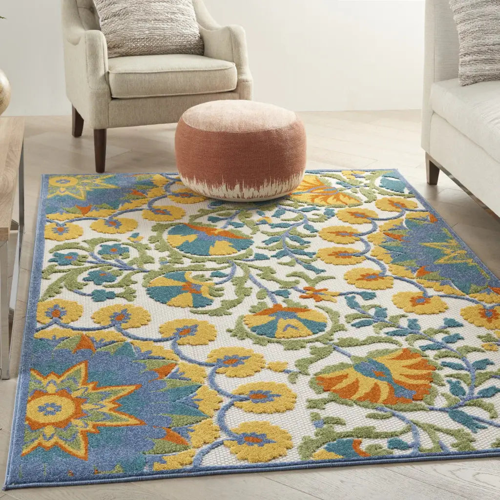6' X 9' Ivory And Blue Floral Stain Resistant Indoor Outdoor Area Rug - Homeroots - Flyclothing LLC