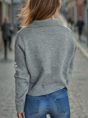 Pearl Trim Collared Neck Long Sleeve Cardigan - Trendsi