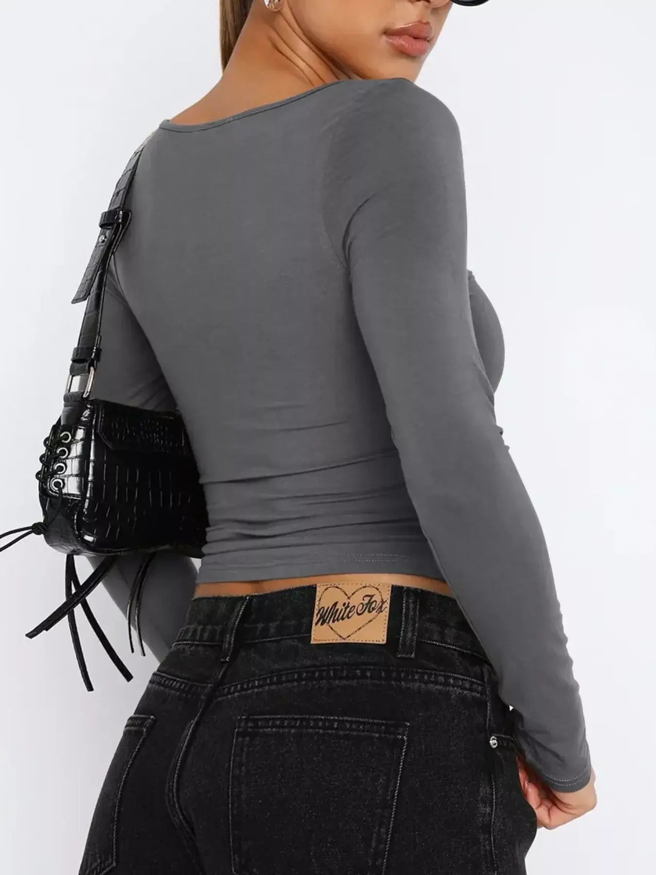 Long Sleeve Sweetheart Neck Crop T-Shirt - Trendsi - Flyclothing LLC