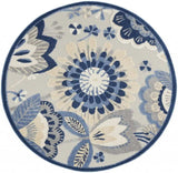 4' Round Blue And Gray Round Floral Indoor Outdoor Area Rug - Homeroots