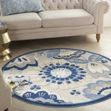 4' Round Blue And Gray Round Floral Indoor Outdoor Area Rug - Homeroots