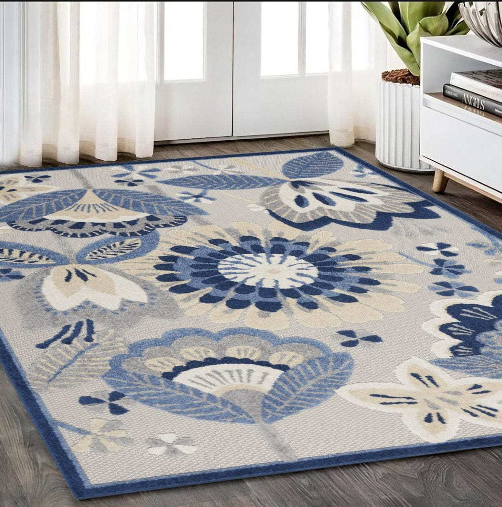 5' X 8' Blue And Gray Floral Indoor Outdoor Area Rug - Homeroots