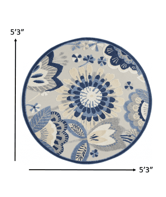 5' Round Blue And Gray Round Floral Indoor Outdoor Area Rug - Homeroots - Flyclothing LLC