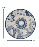 5' Round Blue And Gray Round Floral Indoor Outdoor Area Rug - Homeroots