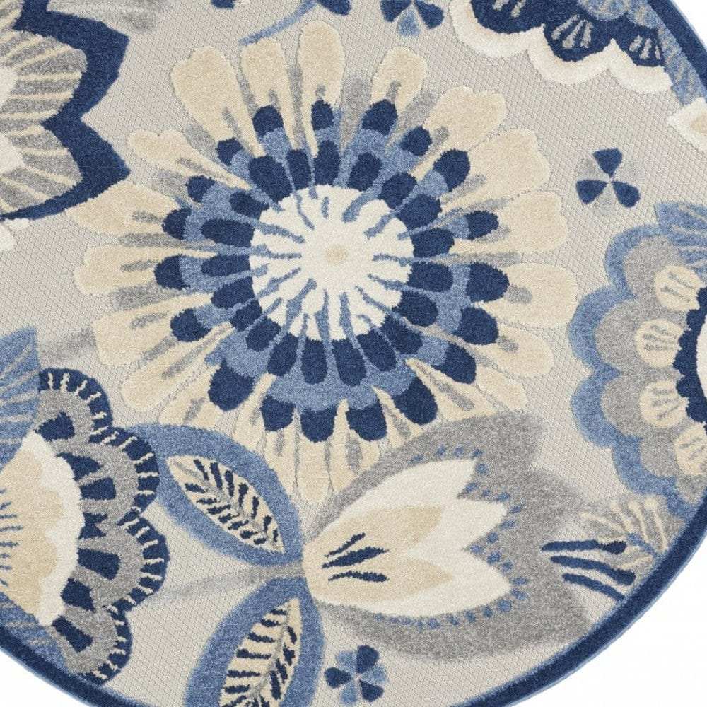 5' Round Blue And Gray Round Floral Indoor Outdoor Area Rug - Homeroots
