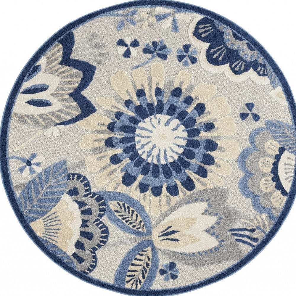 5' Round Blue And Gray Round Floral Indoor Outdoor Area Rug - Homeroots - Flyclothing LLC