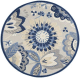 5' Round Blue And Gray Round Floral Indoor Outdoor Area Rug - Homeroots