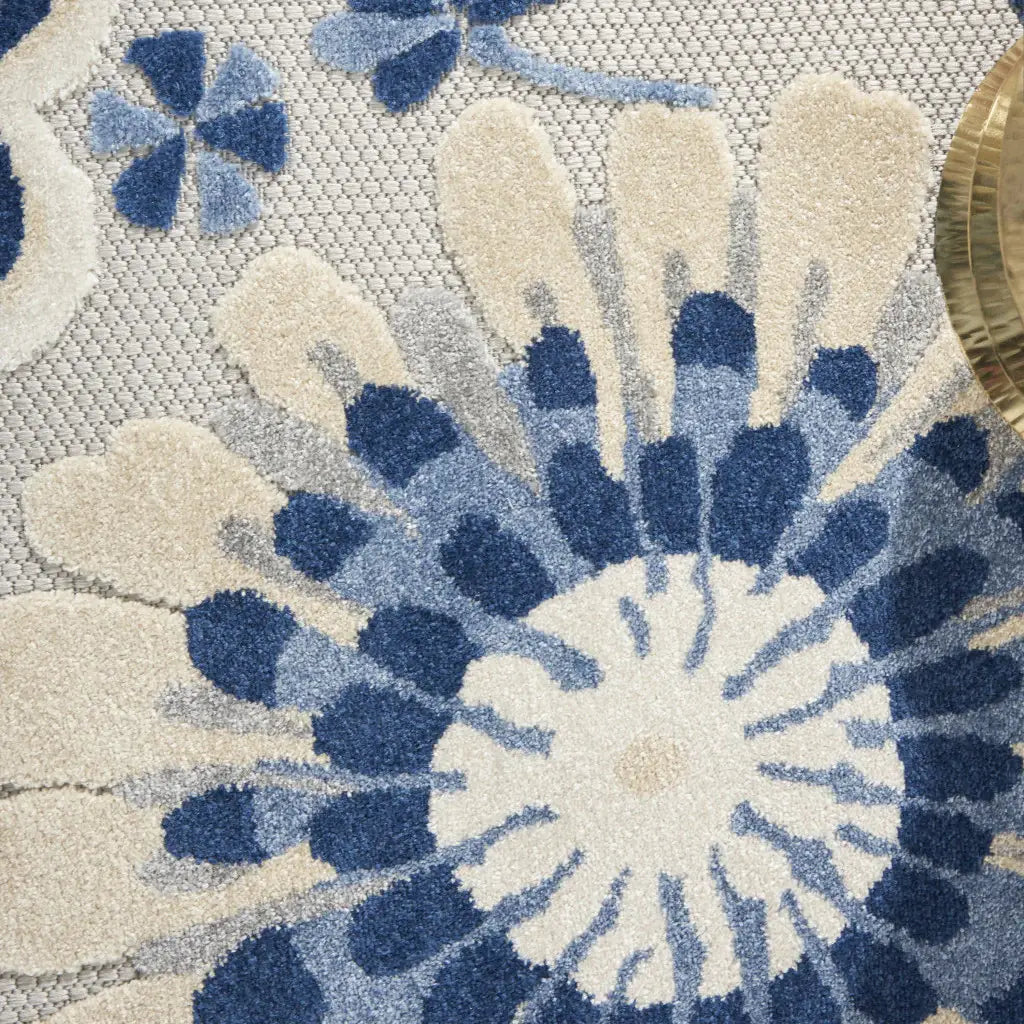 5' Round Blue And Gray Round Floral Indoor Outdoor Area Rug - Homeroots - Flyclothing LLC