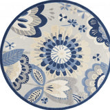 8' Round Blue And Gray Round Floral Indoor Outdoor Area Rug - Homeroots