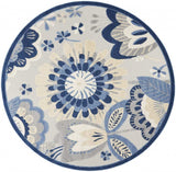 8' Round Blue And Gray Round Floral Indoor Outdoor Area Rug - Homeroots