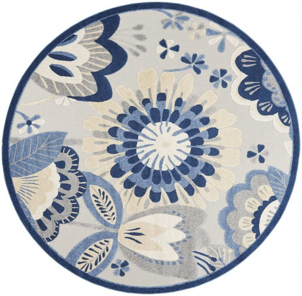 8' Round Blue And Gray Round Floral Indoor Outdoor Area Rug - Homeroots