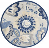 8' Round Blue And Gray Round Floral Indoor Outdoor Area Rug - Homeroots