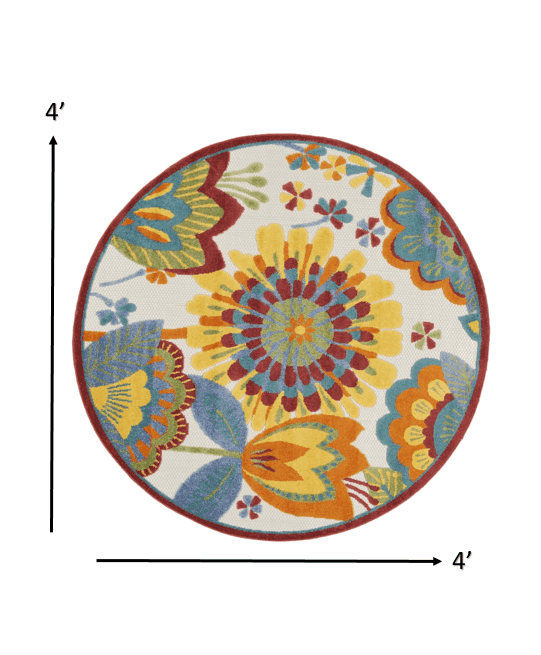 4' Round Yellow And Ivory Round Floral Indoor Outdoor Area Rug - Homeroots - Flyclothing LLC
