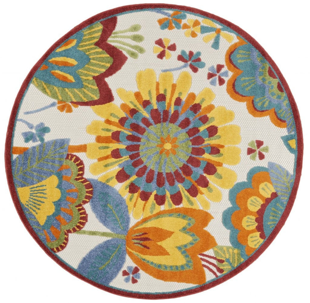 4' Round Yellow And Ivory Round Floral Indoor Outdoor Area Rug - Homeroots