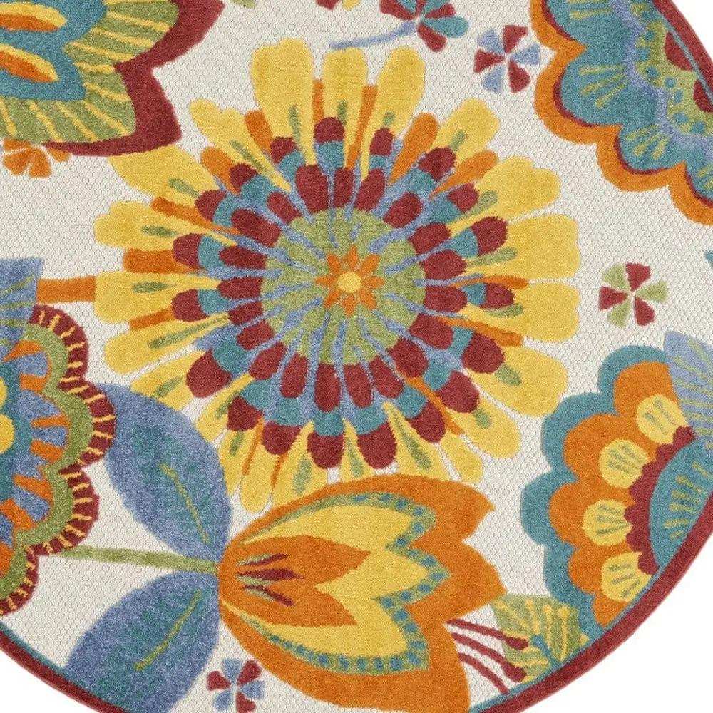 4' Round Yellow And Ivory Round Floral Indoor Outdoor Area Rug - Homeroots - Flyclothing LLC