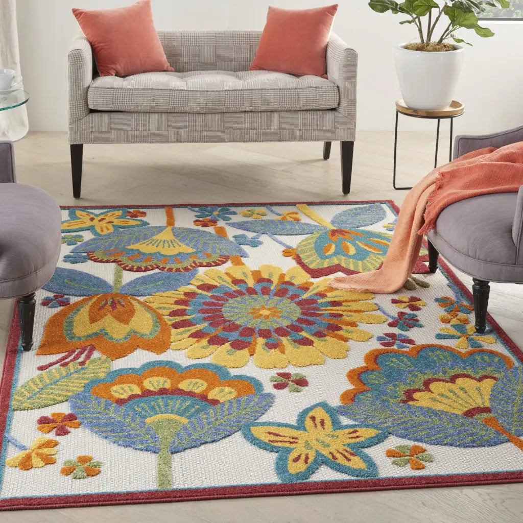 5' X 8' Yellow And Ivory Floral Indoor Outdoor Area Rug - Homeroots - Flyclothing LLC