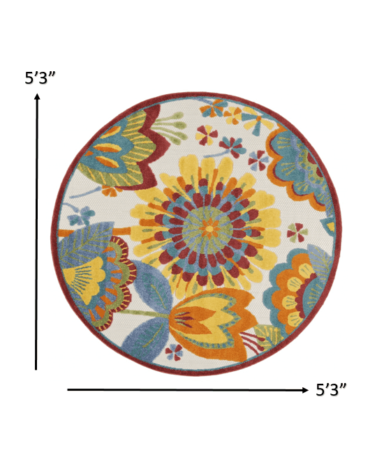 5' Round Yellow And Ivory Round Floral Indoor Outdoor Area Rug - Homeroots - Flyclothing LLC