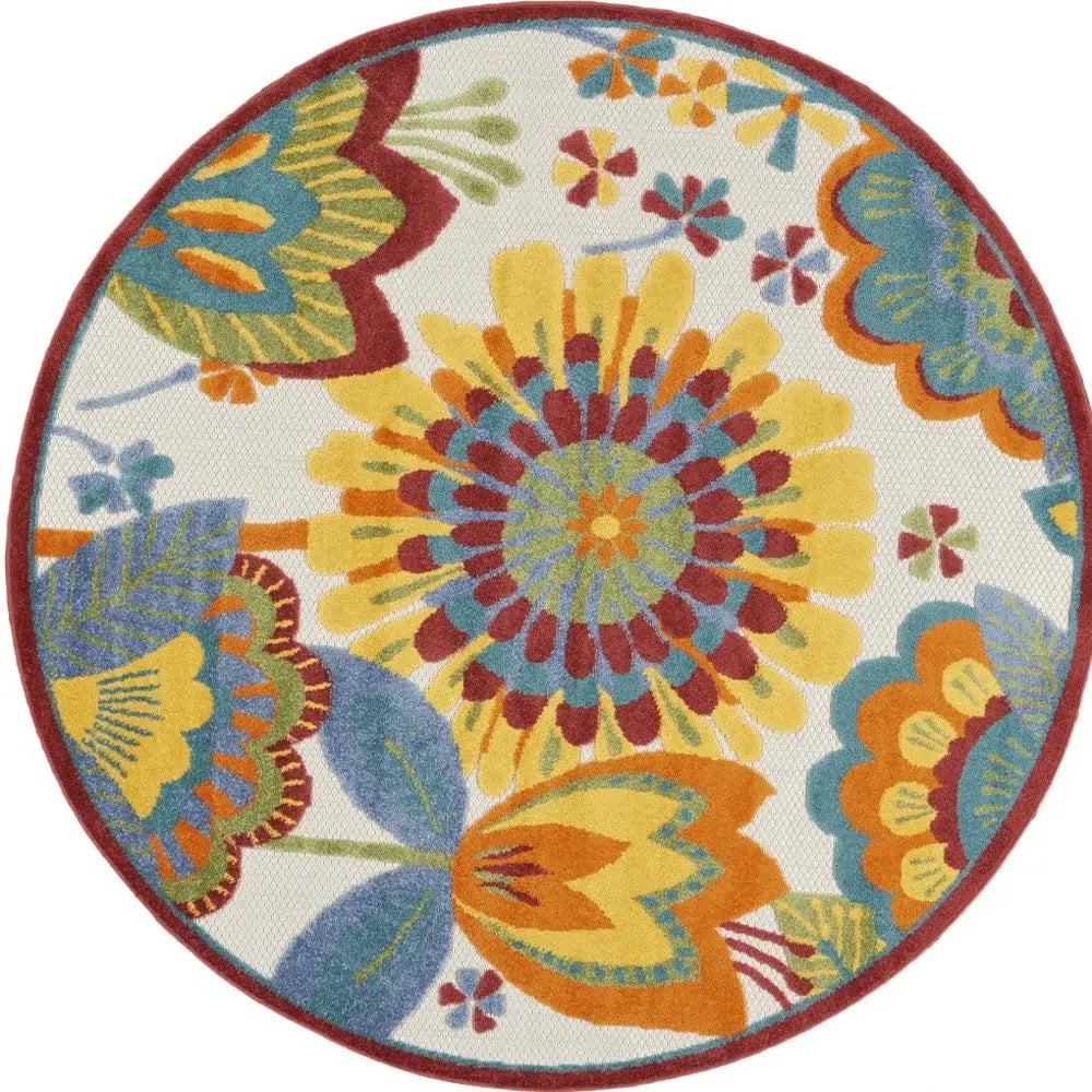 5' Round Yellow And Ivory Round Floral Indoor Outdoor Area Rug - Homeroots - Flyclothing LLC
