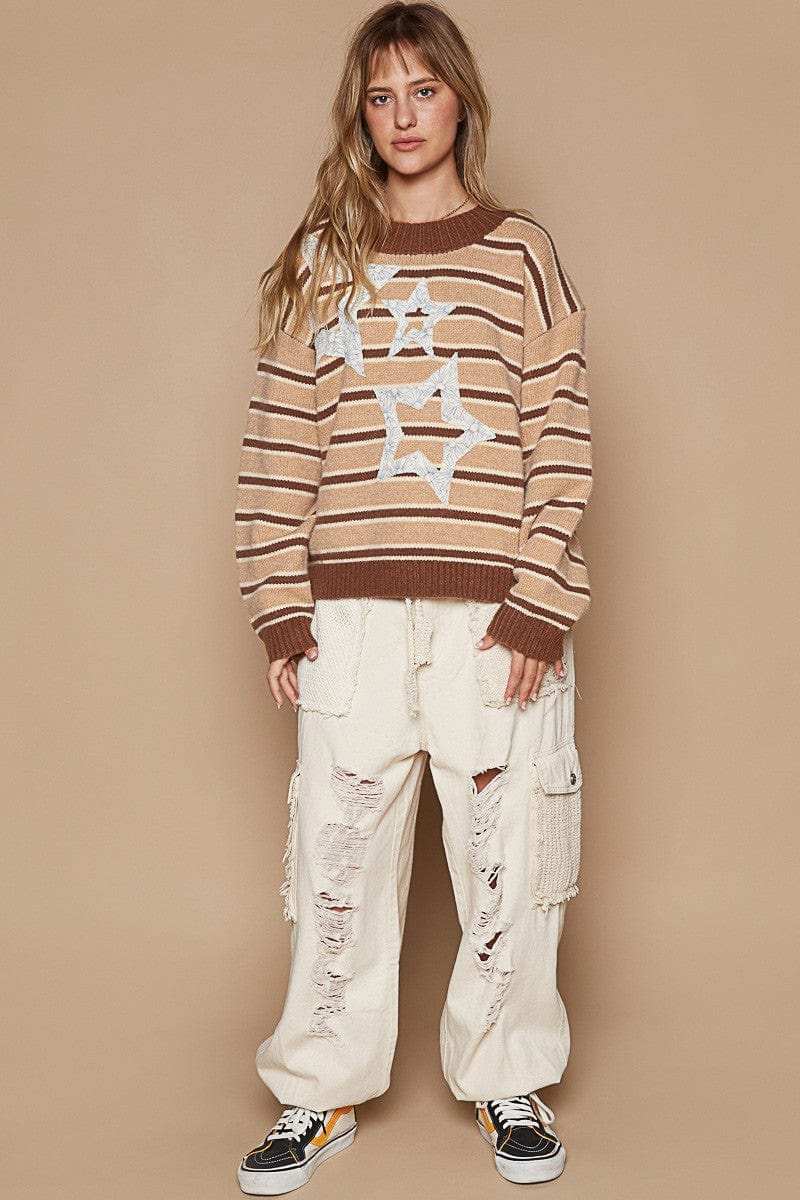 POL Star Patch Stripe Round Neck Sweater - Trendsi - Flyclothing LLC