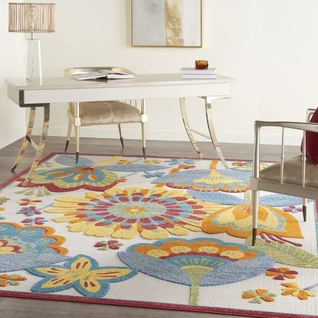 8' X 11' Yellow And Ivory Floral Indoor Outdoor Area Rug - Homeroots - Flyclothing LLC