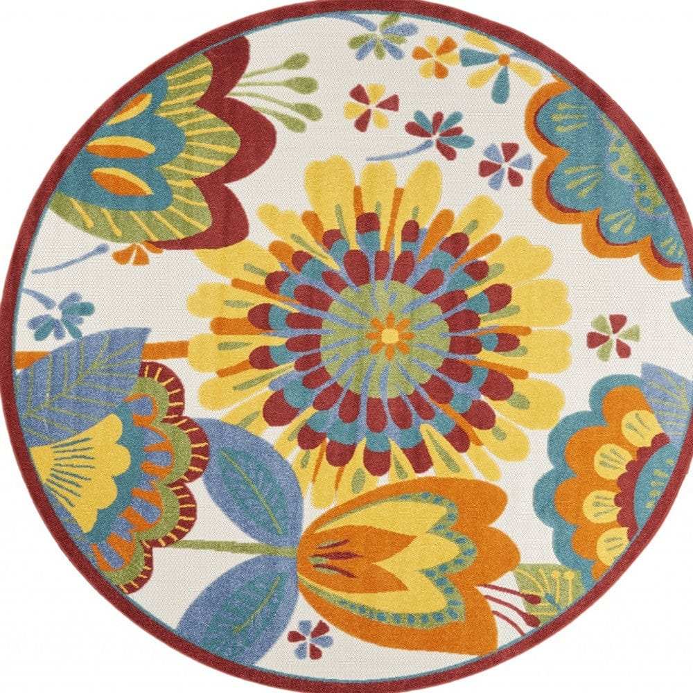 8' Round Yellow And Ivory Round Floral Indoor Outdoor Area Rug - Homeroots - Flyclothing LLC