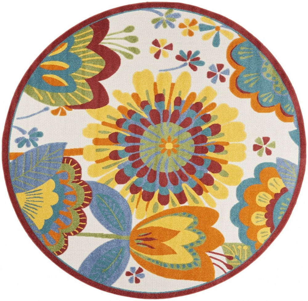 8' Round Yellow And Ivory Round Floral Indoor Outdoor Area Rug - Homeroots