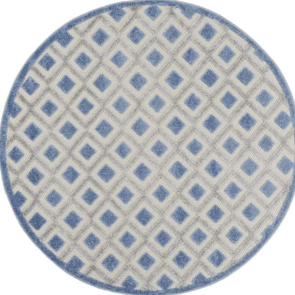 5' Round Blue And Gray Round Geometric Indoor Outdoor Area Rug - Homeroots