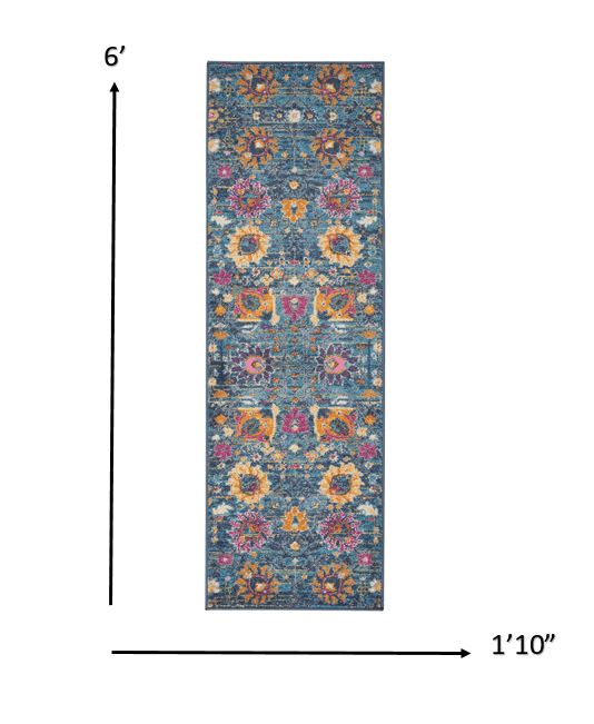 6' Blue And Orange Floral Power Loom Runner Rug - Homeroots