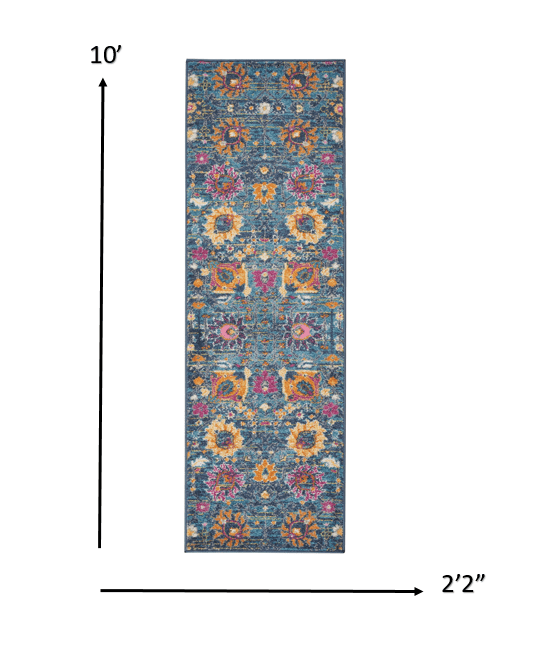 10' Blue And Orange Floral Power Loom Runner Rug - Homeroots