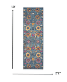 10' Blue And Orange Floral Power Loom Runner Rug - Homeroots