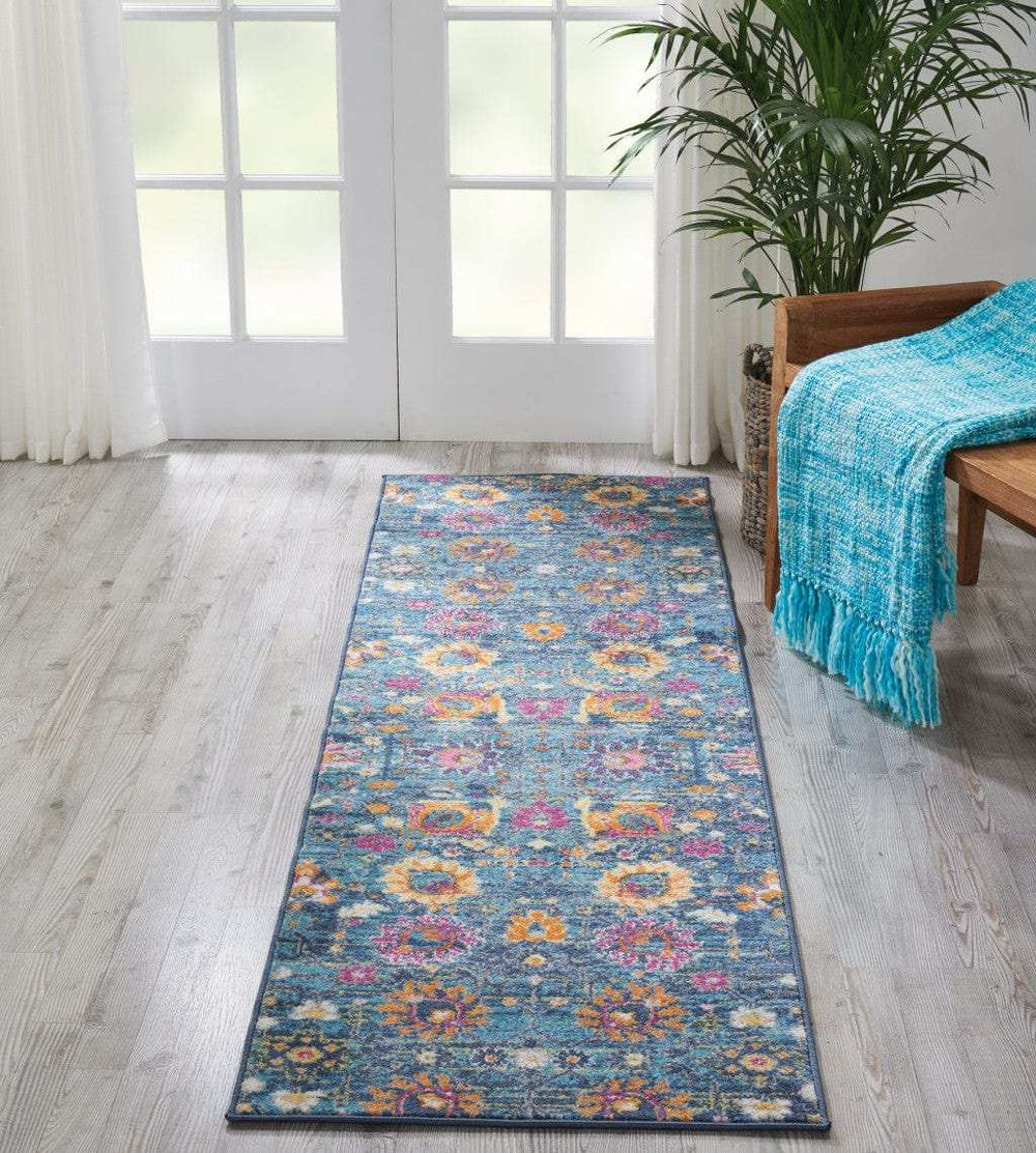 8' Blue And Orange Floral Power Loom Runner Rug - Homeroots - Flyclothing LLC