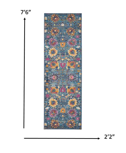 8' Blue And Orange Floral Power Loom Runner Rug - Homeroots