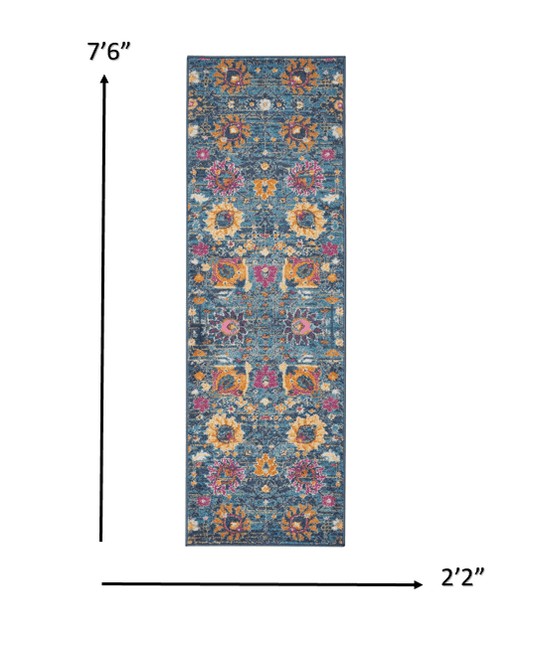 8' Blue And Orange Floral Power Loom Runner Rug - Homeroots - Flyclothing LLC