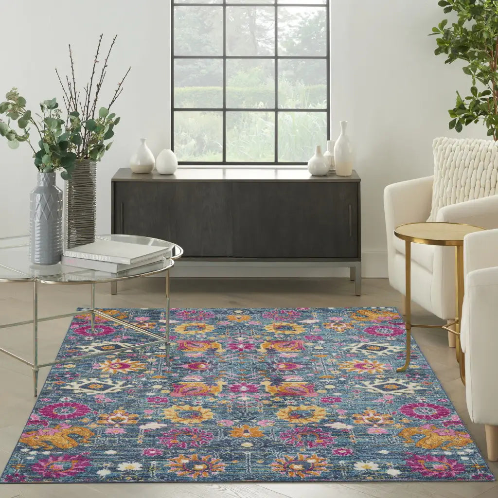 4' X 6' Blue And Orange Floral Power Loom Area Rug - Homeroots - Flyclothing LLC
