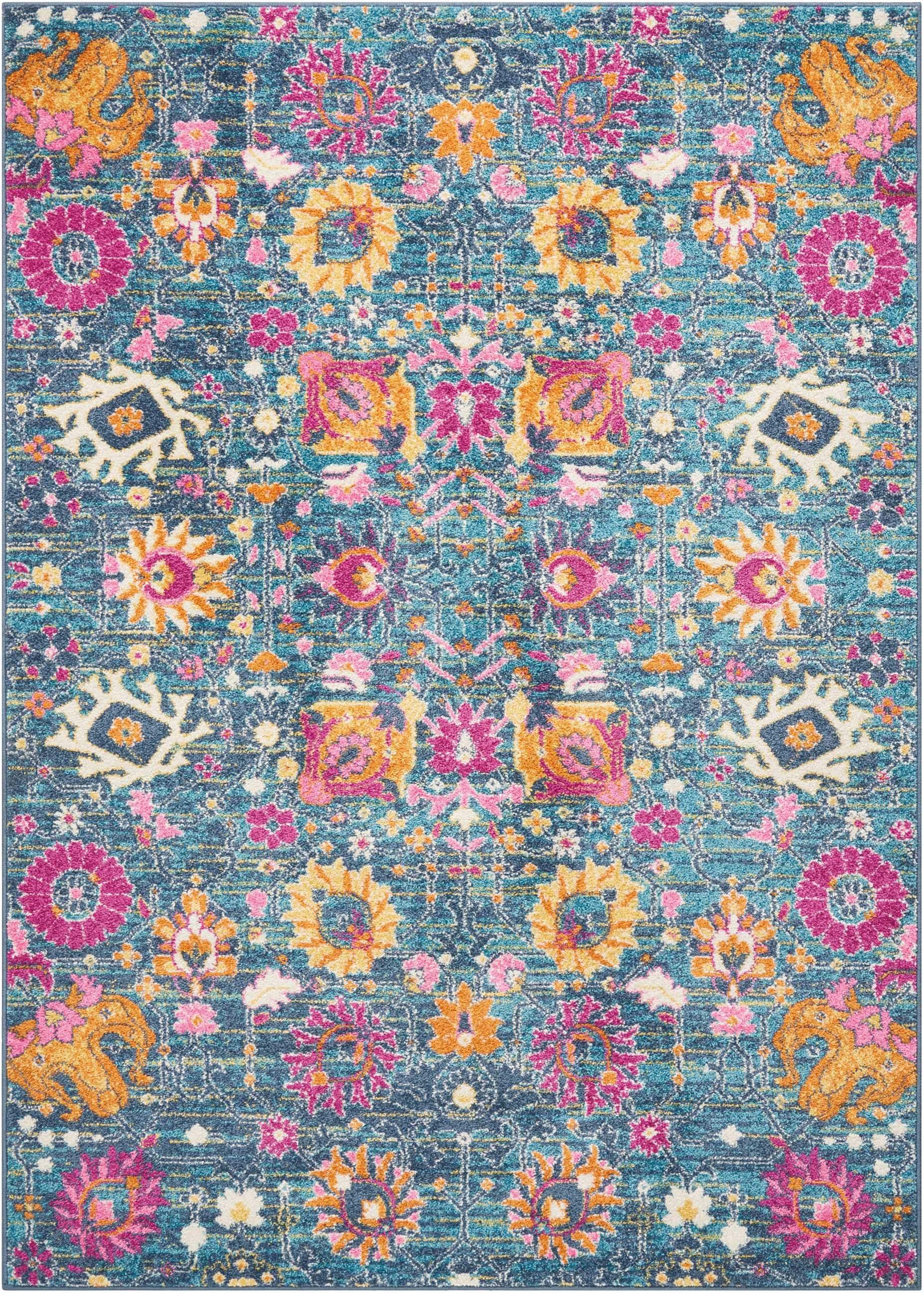 4' X 6' Blue And Orange Floral Power Loom Area Rug - Homeroots - Flyclothing LLC