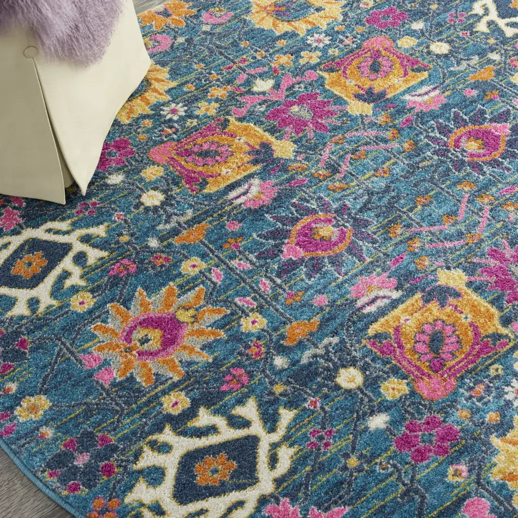 4' Blue And Orange Round Floral Power Loom Area Rug - Homeroots - Flyclothing LLC
