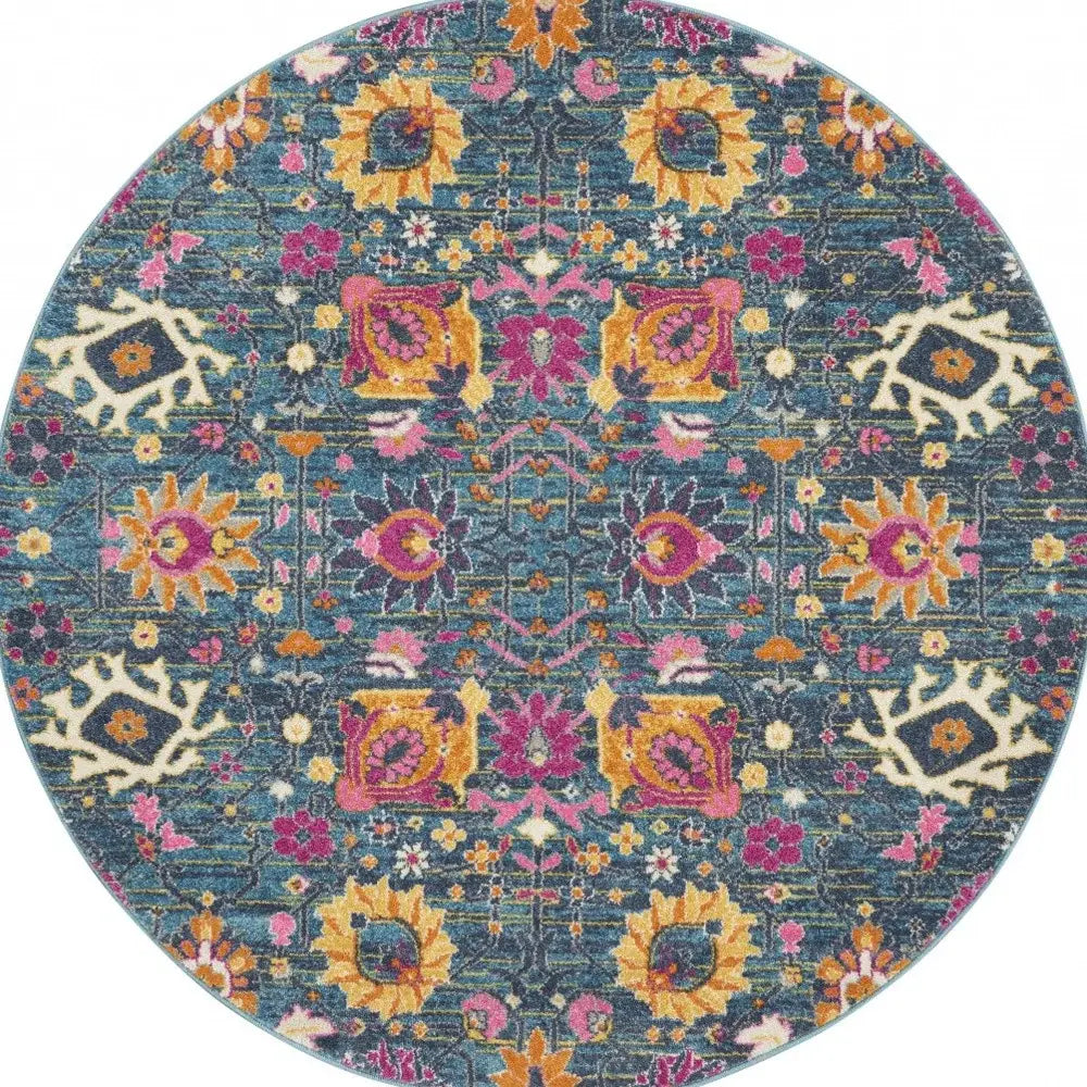 4' Blue And Orange Round Floral Power Loom Area Rug - Homeroots - Flyclothing LLC