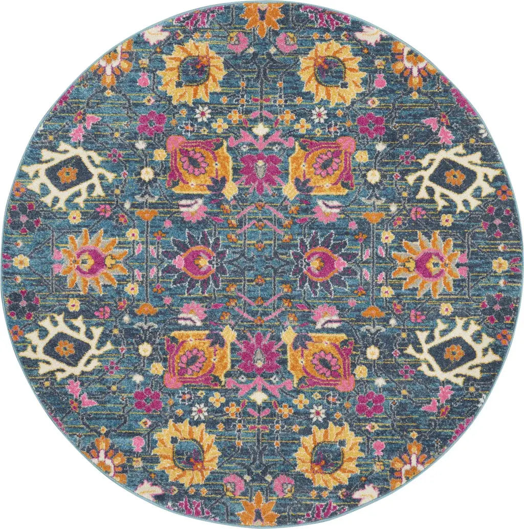 4' Blue And Orange Round Floral Power Loom Area Rug - Homeroots - Flyclothing LLC
