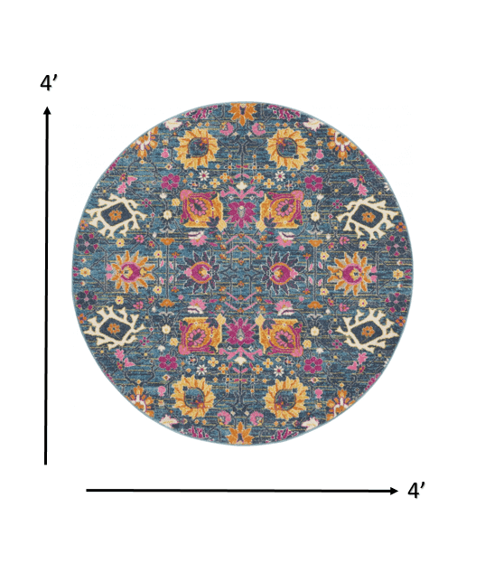 4' Blue And Orange Round Floral Power Loom Area Rug - Homeroots - Flyclothing LLC