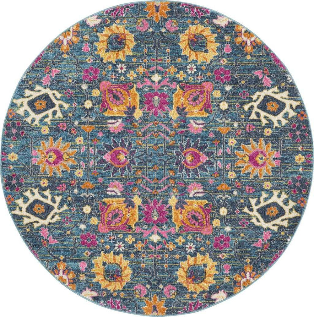 5' Blue And Orange Round Floral Power Loom Area Rug - Homeroots - Flyclothing LLC