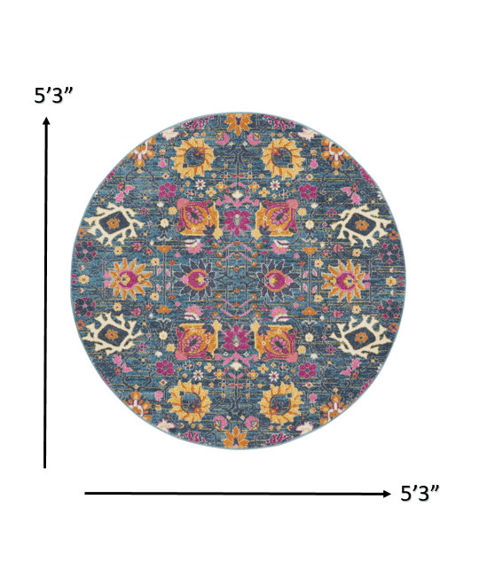 5' Blue And Orange Round Floral Power Loom Area Rug - Homeroots - Flyclothing LLC