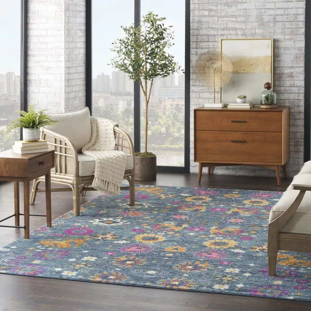 8' X 10' Blue And Orange Floral Power Loom Area Rug - Homeroots - Flyclothing LLC