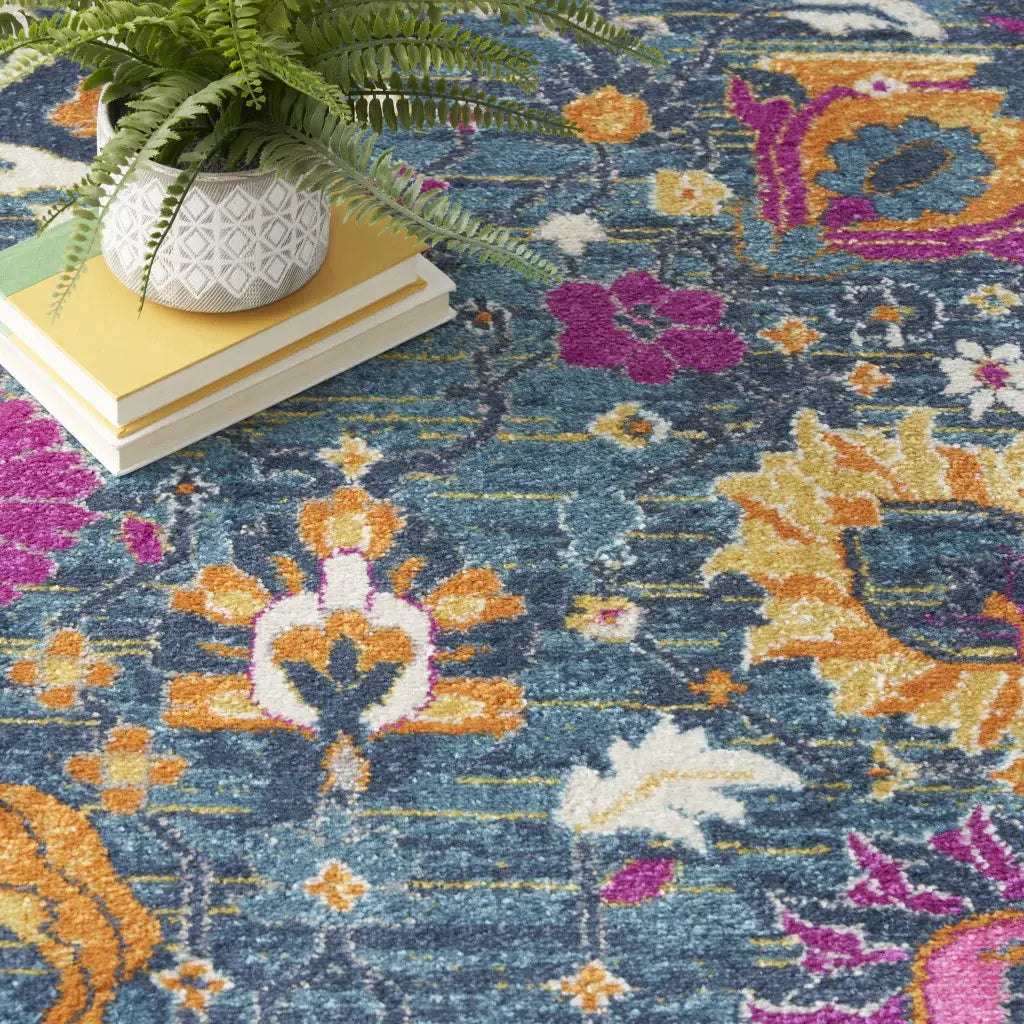 8' X 10' Blue And Orange Floral Power Loom Area Rug - Homeroots - Flyclothing LLC